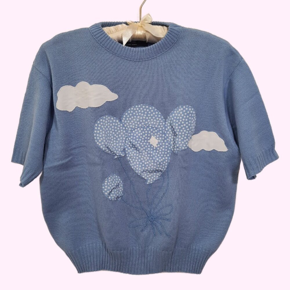 Vintage 80s Cloud Balloons sweater L Blue White Kawaii Fairy Cute Crew Pullover